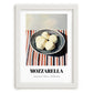 Mozzarella – on Striped Tablecloth, Cheese Wall Decor, placed in minimal white frame