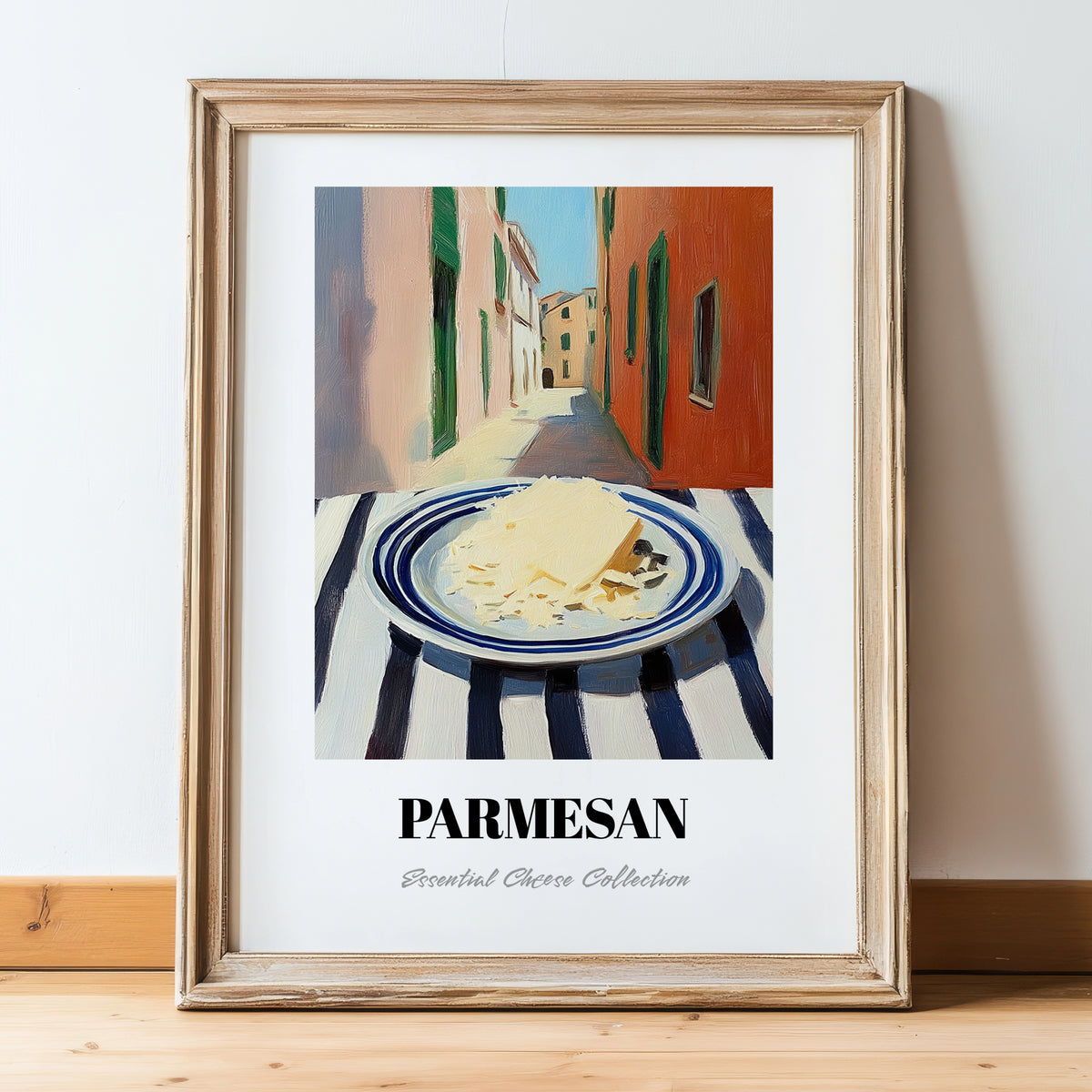 Parmesan – Italian Outdoor Café Scene, Cheese Illustration, in wooden frame leaning on the floor