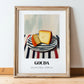 Gouda – on Striped Tablecloth, Cheese Painting, in wooden frame leaning on the floor