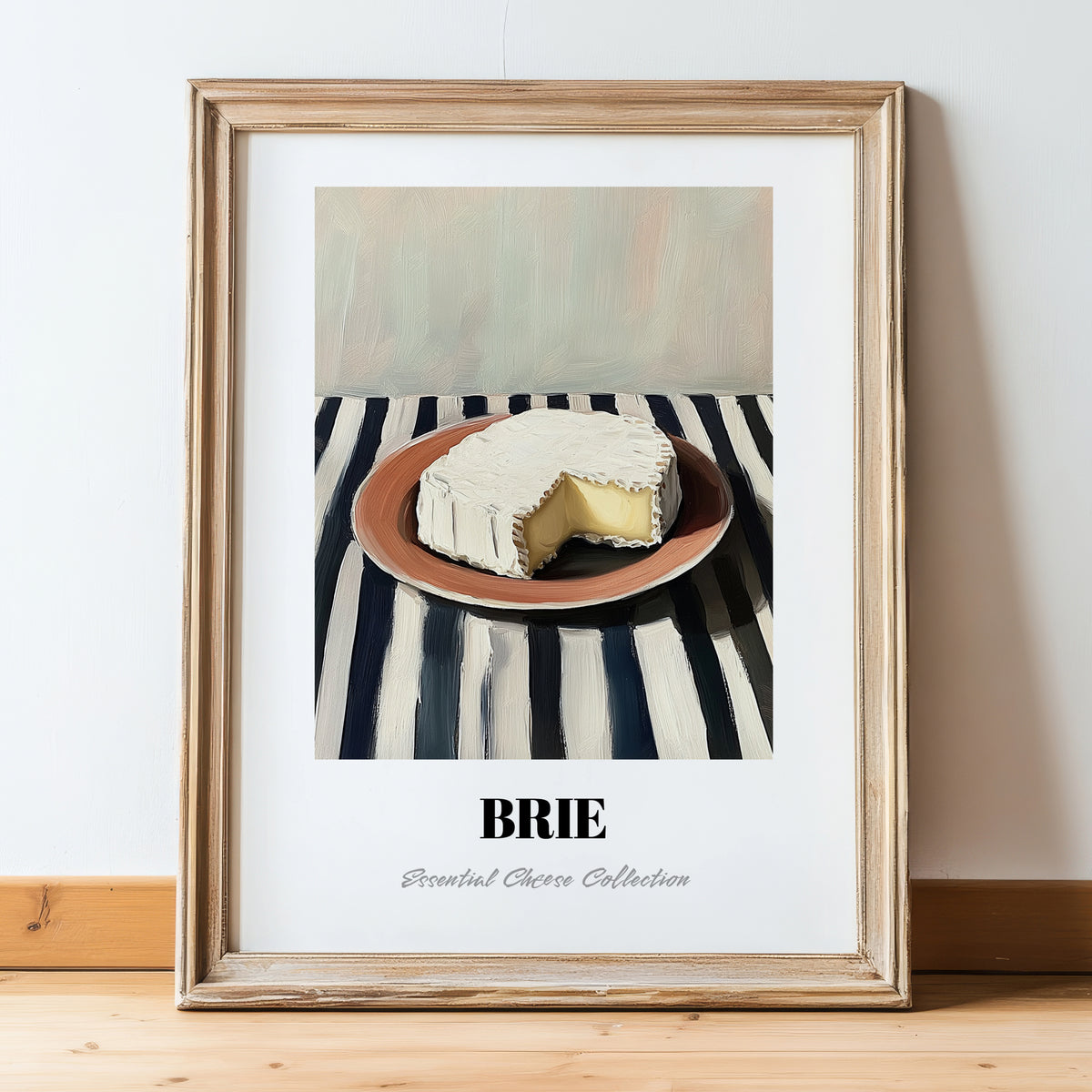 Brie – on Striped Tablecloth, Cheese Illustration, in wooden frame leaning on the floor