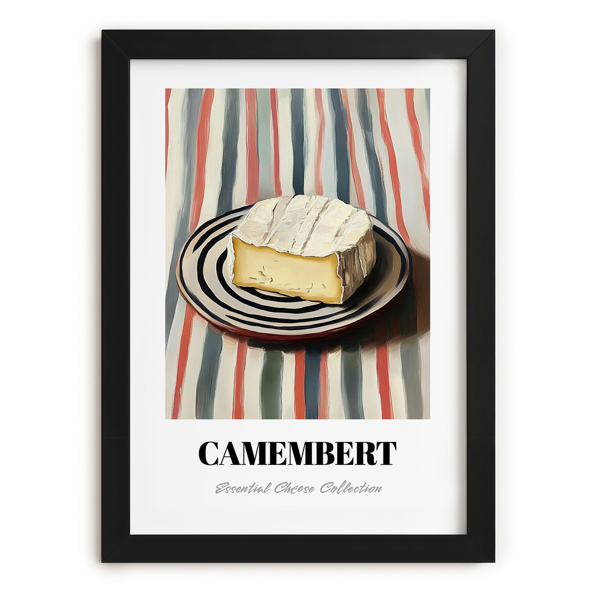 Camembert – on Striped Tablecloth, Cheese Painting, in sleek black frame