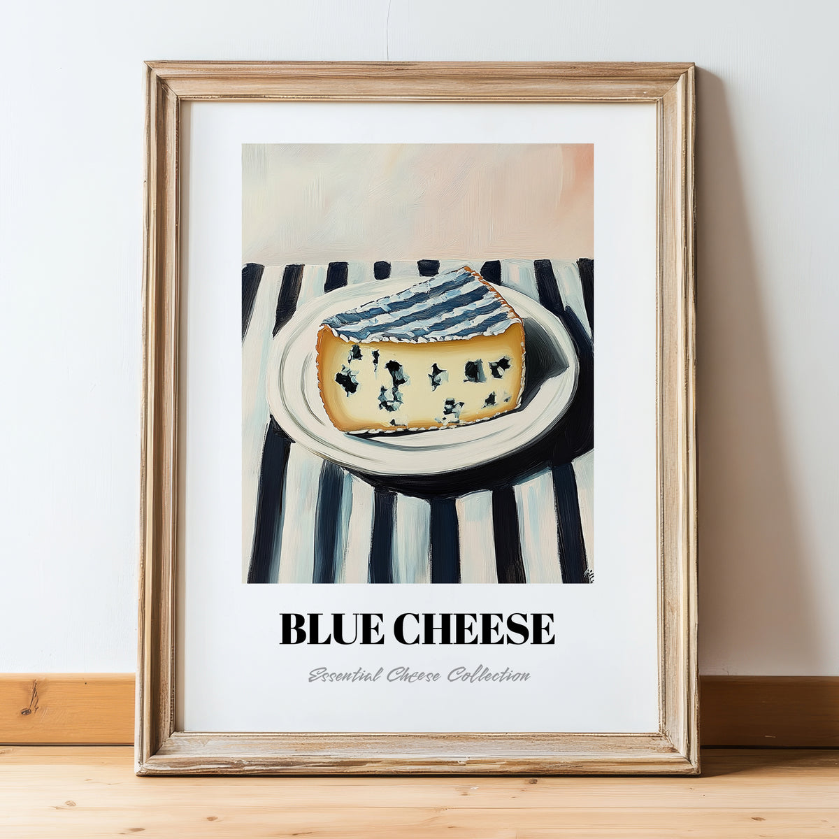 Blue – on Striped Tablecloth, Cheese Poster, in wooden frame leaning on the floor