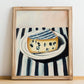 Blue – on Striped Tablecloth, Cheese Poster, no-text version framed in wood