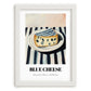 Blue – on Striped Tablecloth, Cheese Poster, placed in minimal white frame