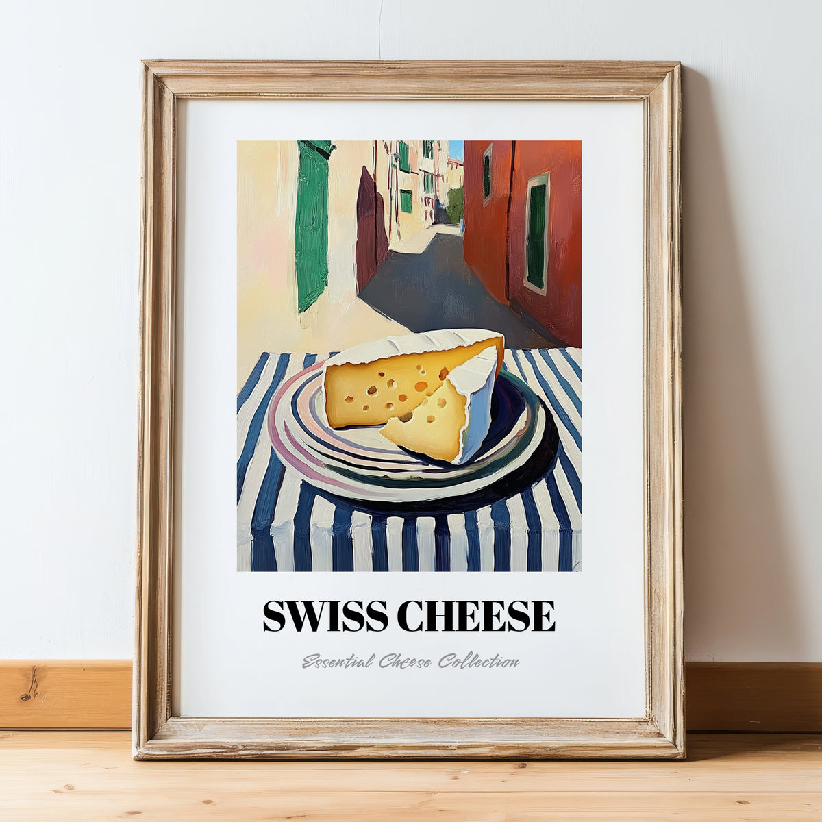 Swiss – Italian Café on the Corner, Cheese Poster, in wooden frame leaning on the floor