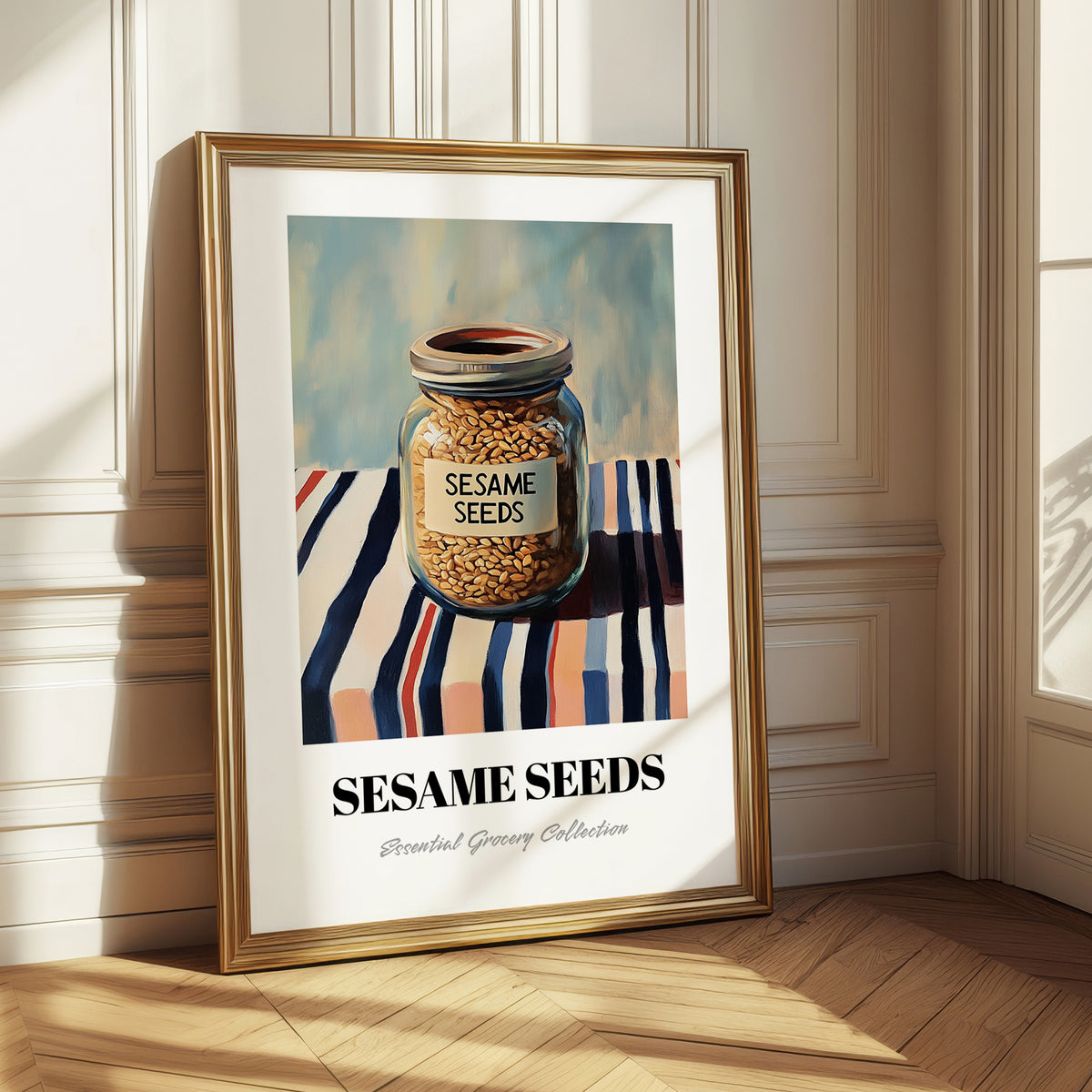 Sesame Seeds – on Striped Tablecloth, Nuts Poster