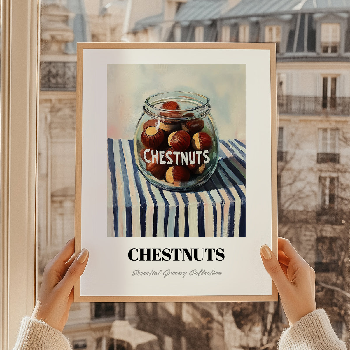 Chestnuts – on Striped Tablecloth, Nuts Print, styled in a charming Paris street view