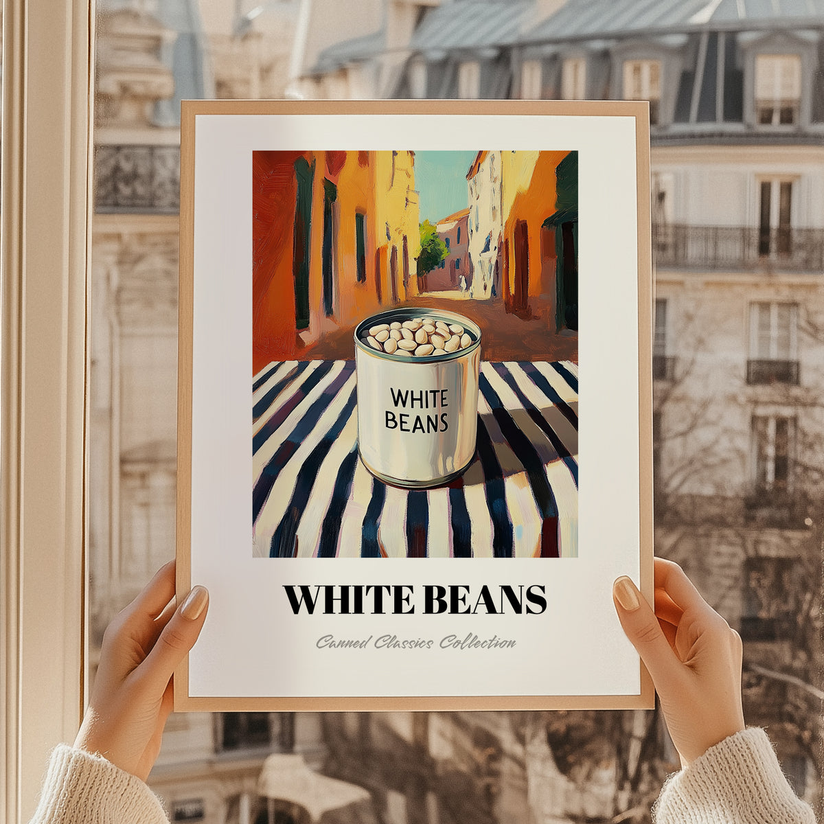 White Beans – Italian Urban Café Scene, Canned Vegetables Still Life, styled in a charming Paris street view