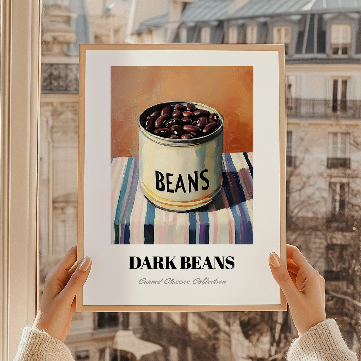 Dark Beans – on Striped Tablecloth, Canned Vegetables Illustration, styled in a charming Paris street view