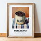 Dark Beans – on Striped Tablecloth, Canned Vegetables Illustration, in wooden frame leaning on the floor