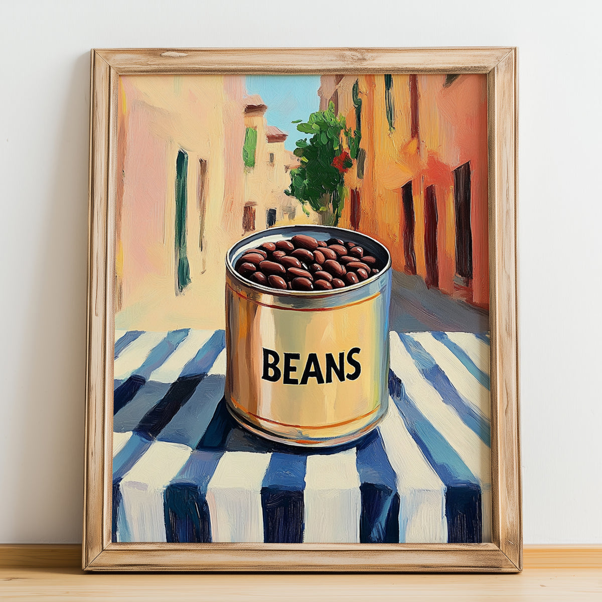 Dark Beans – Italian Urban Café Scene, Canned Vegetables Painting, no-text version framed in wood