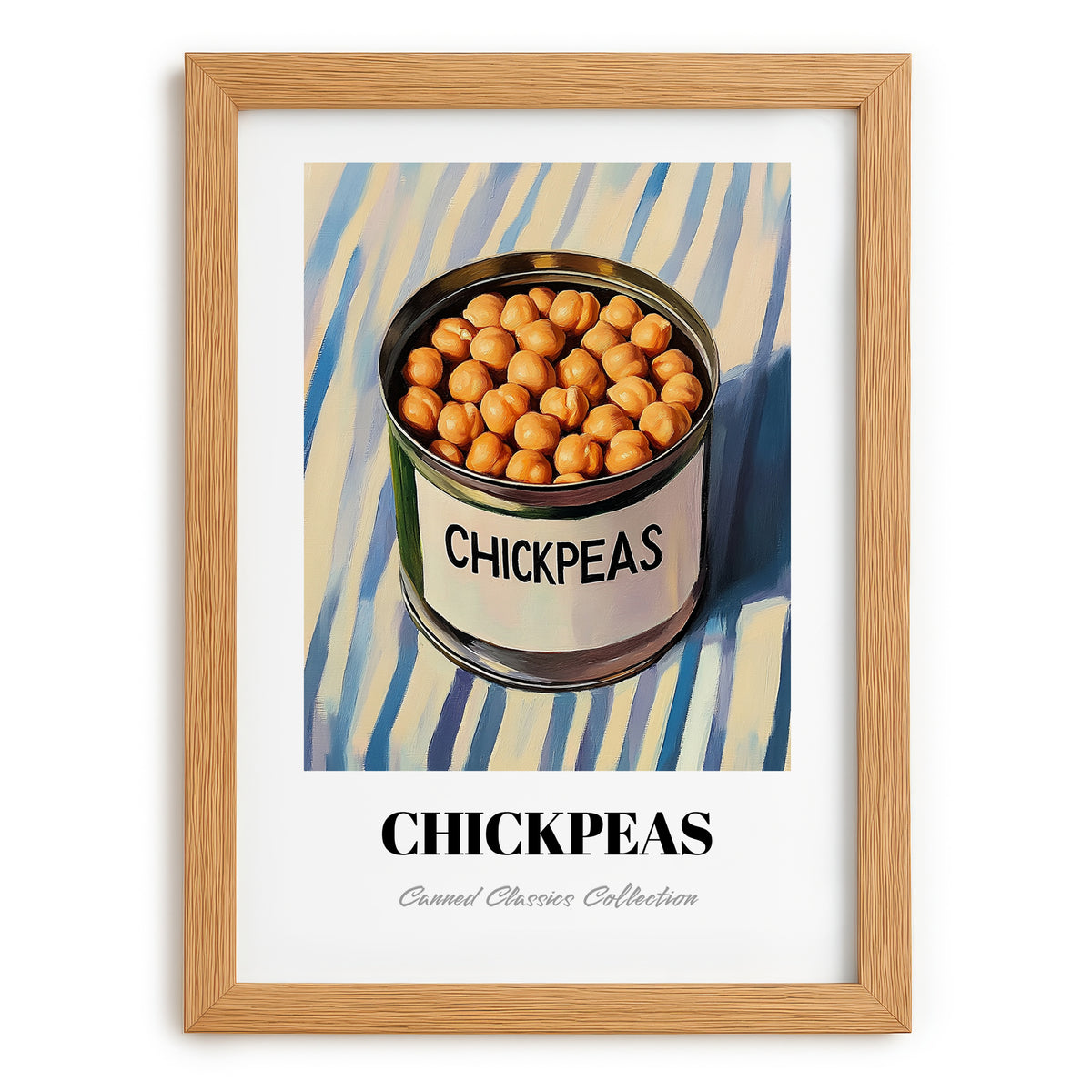 Chickpeas – on Striped Tablecloth, Canned Vegetables Wall Decor, set in oak frame
