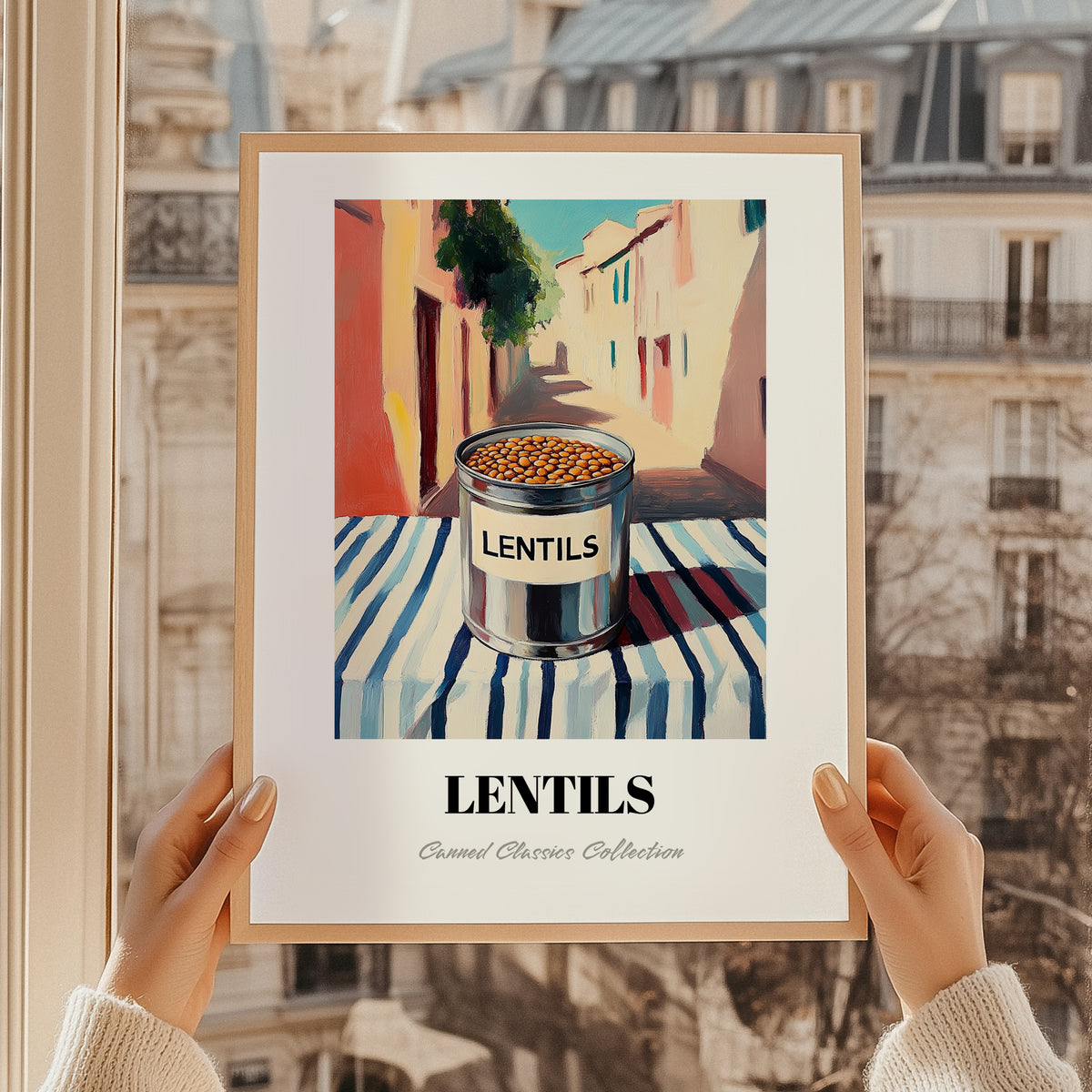 Lentils – Italian Outdoor Café Scene, Canned Vegetables Wall Art, styled in a charming Paris street view