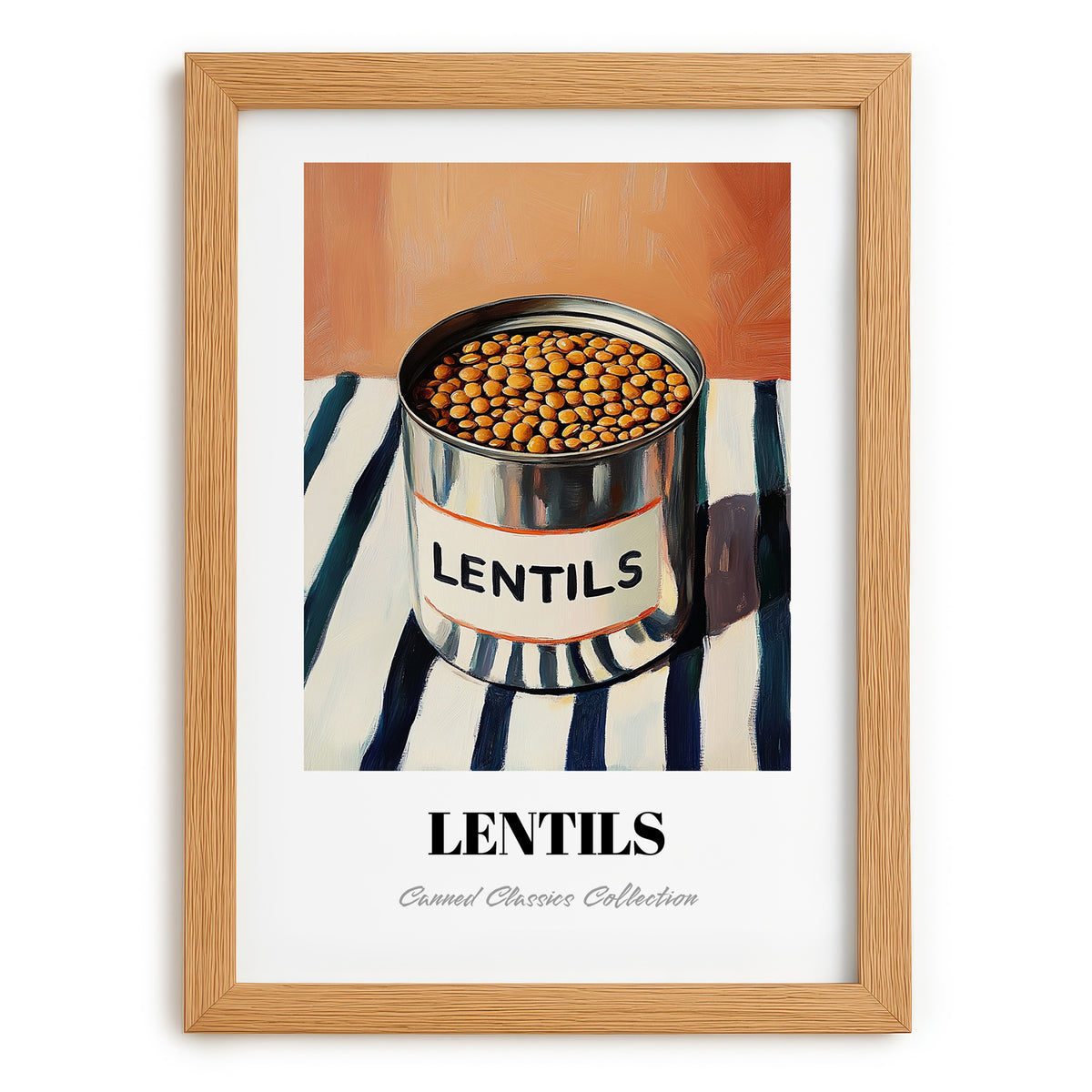 Lentils – on Striped Tablecloth, Canned Vegetables Painting, set in oak frame