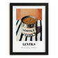 Lentils – on Striped Tablecloth, Canned Vegetables Painting, in sleek black frame