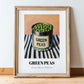 Green Peas – on Striped Tablecloth, Canned Vegetables Poster, in wooden frame leaning on the floor
