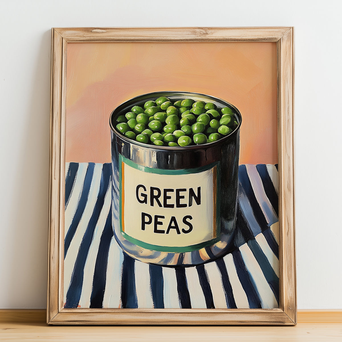 Green Peas – on Striped Tablecloth, Canned Vegetables Poster, no-text version framed in wood