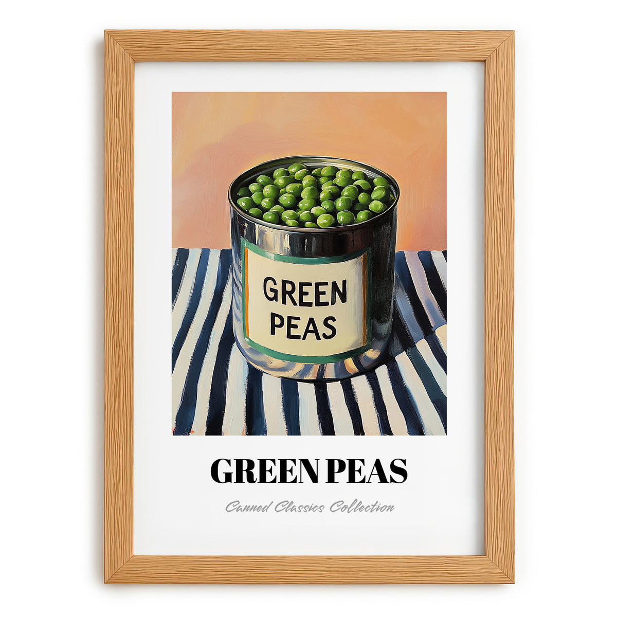 Green Peas – on Striped Tablecloth, Canned Vegetables Poster, set in oak frame