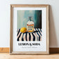 Lemon & Soda – on Striped Tablecloth, Lemonade Poster, in wooden frame leaning on the floor