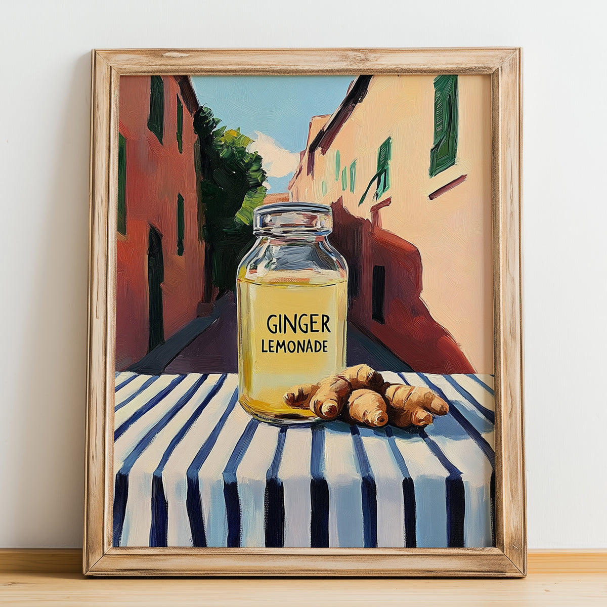Ginger Lemonade – Italian Street Café Scene, Lemonade Still Life, no-text version framed in wood