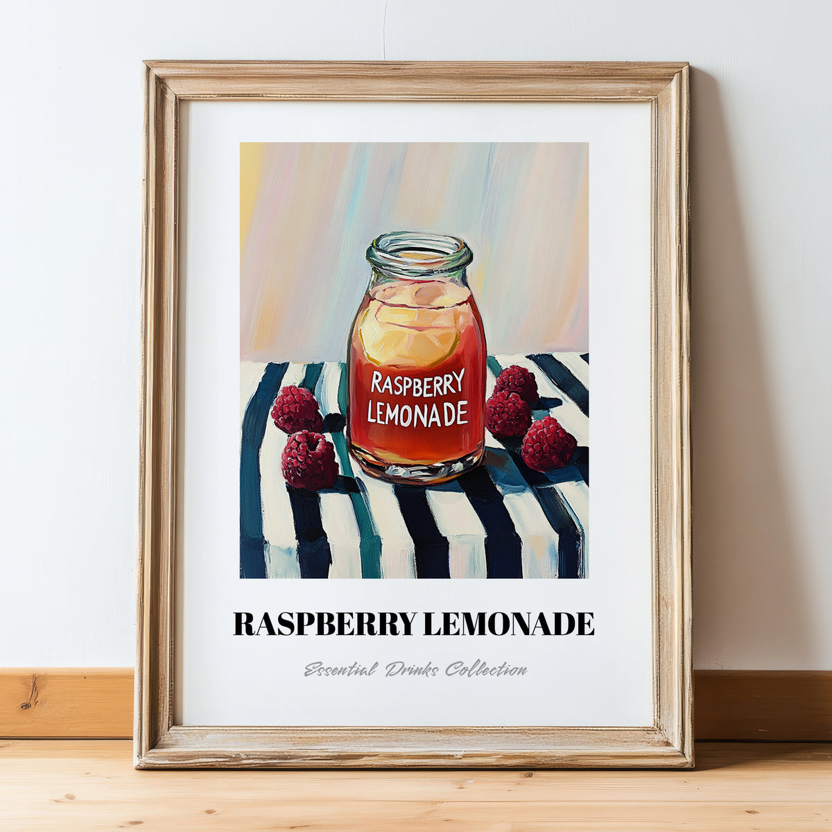 Raspberry Lemonade – on Striped Tablecloth, Lemonade Painting, in wooden frame leaning on the floor