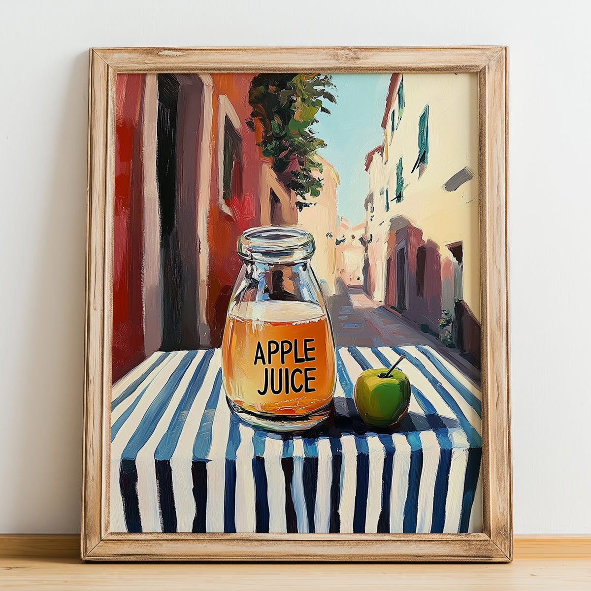 Apple Juice – Italian Café on the Corner, Lemonade Painting, no-text version framed in wood