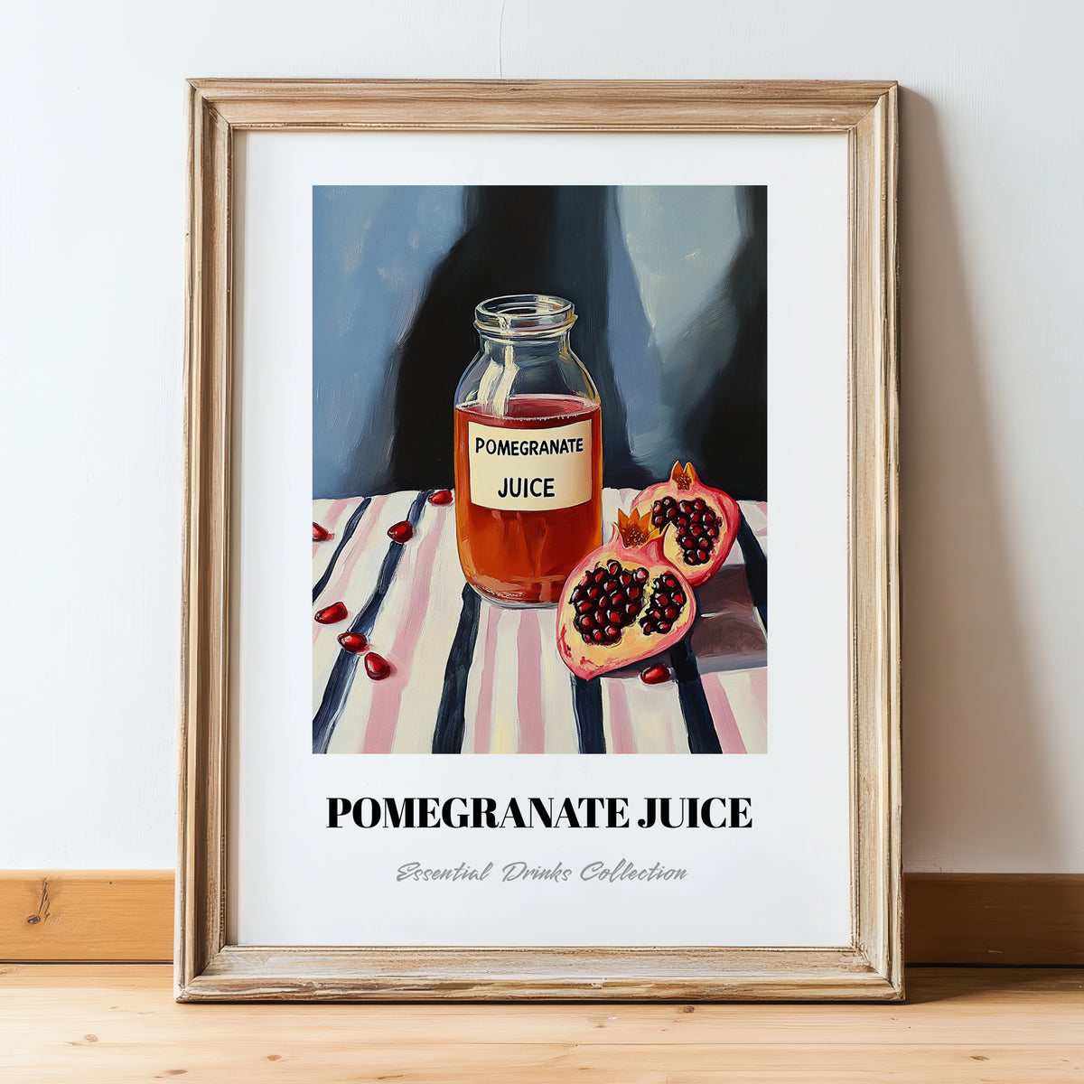 Pomegranate Juice – on Striped Tablecloth, Lemonade Art, in wooden frame leaning on the floor