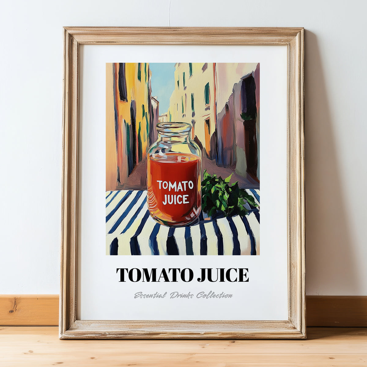Tomato Juice – Italian Street Café Scene, Lemonade Illustration, in wooden frame leaning on the floor