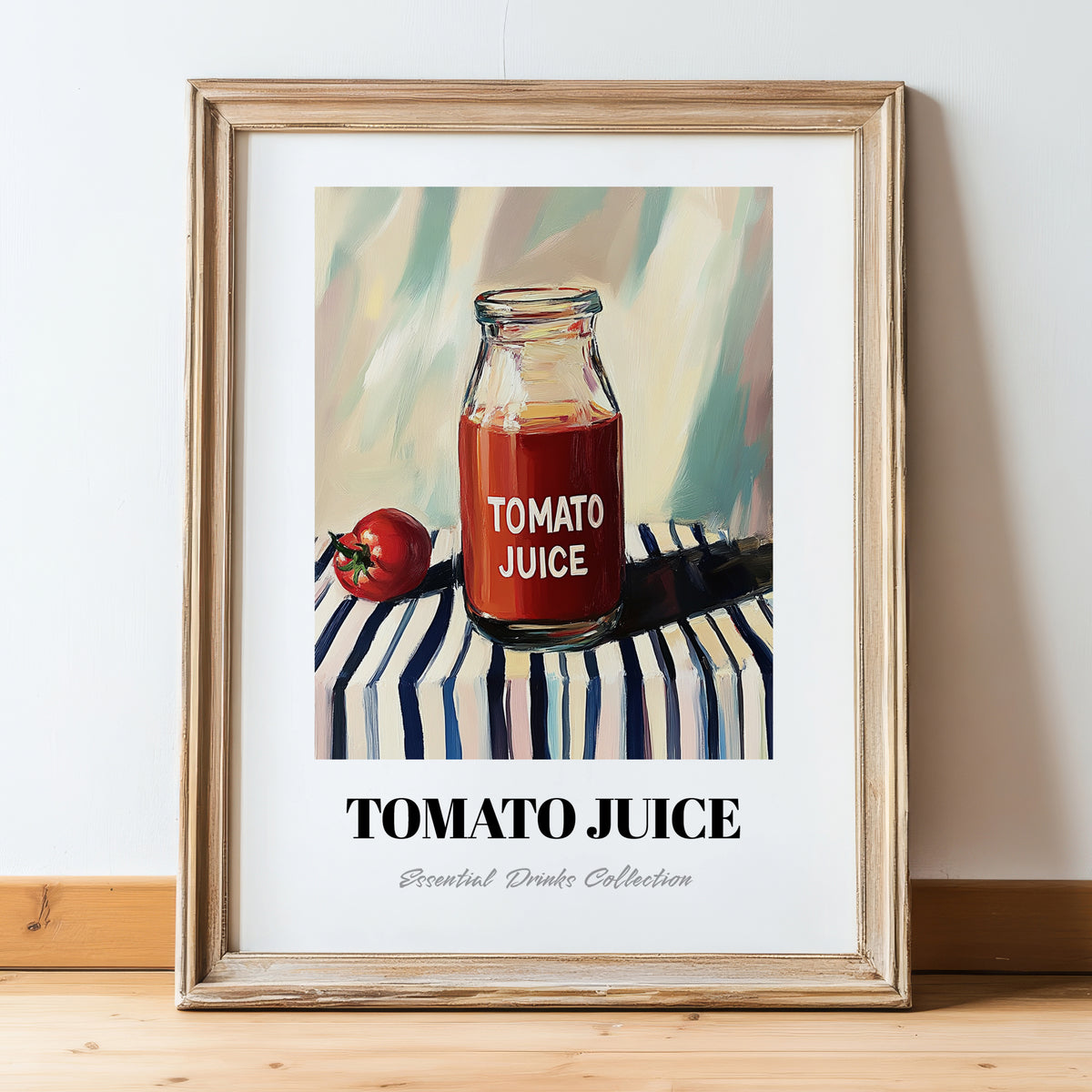Tomato Juice – on Striped Tablecloth, Lemonade Art, in wooden frame leaning on the floor