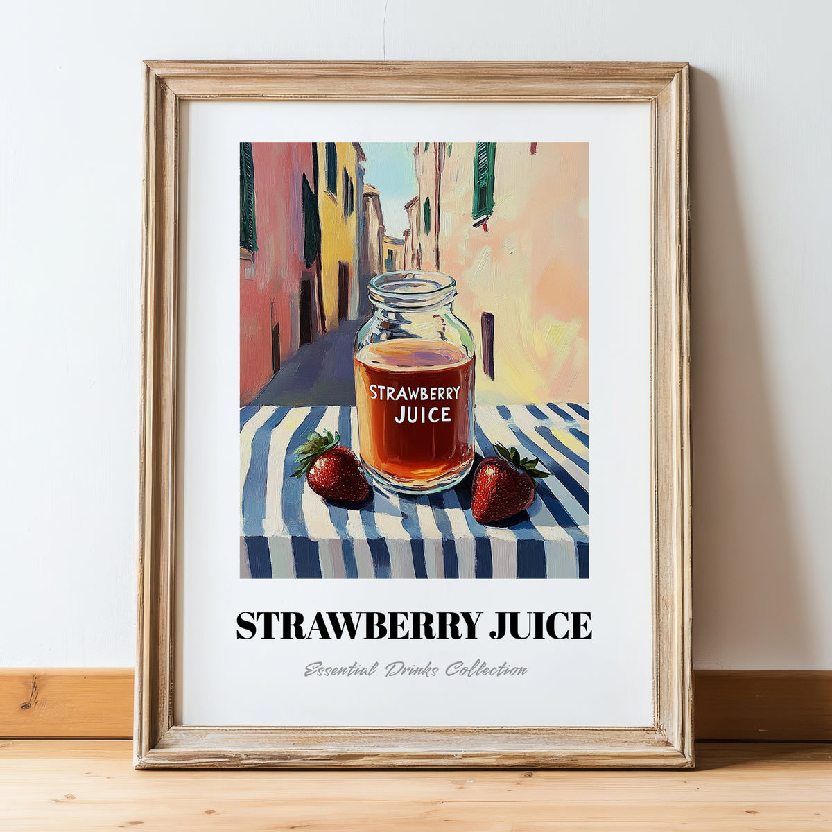 Strawberry Juice – Italian Urban Café Scene, Lemonade Wall Art, in wooden frame leaning on the floor