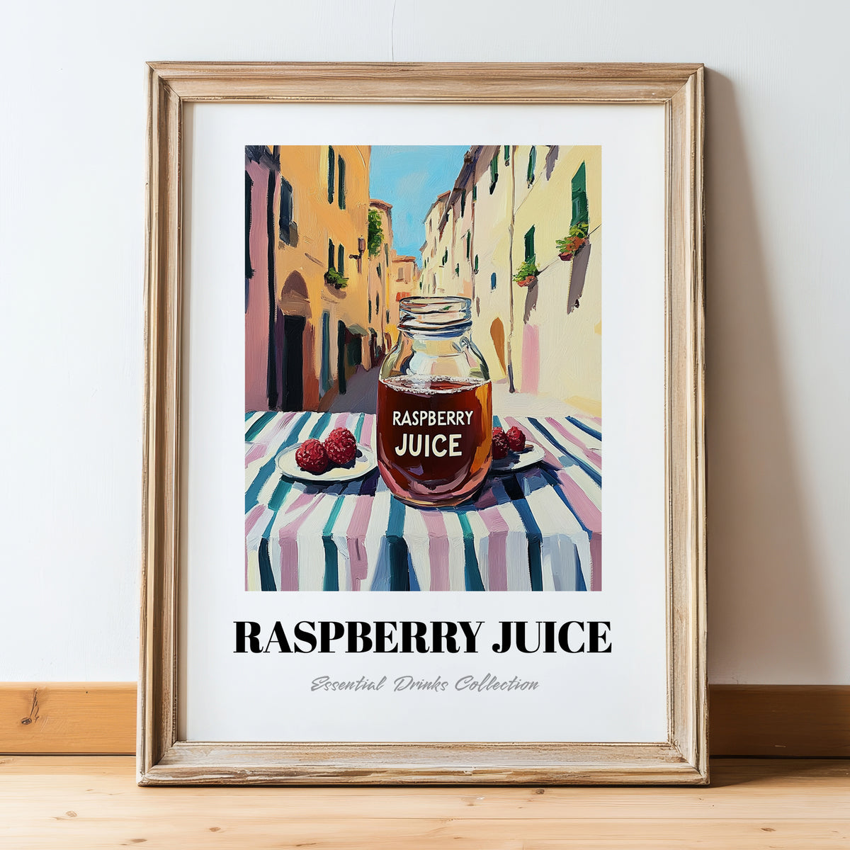 Raspberry Juice – Italian Outdoor Café Scene, Lemonade Painting, in wooden frame leaning on the floor