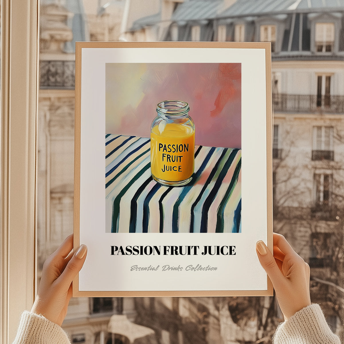 Passion Fruit Juice – on Striped Tablecloth, Lemonade Art, styled in a charming Paris street view