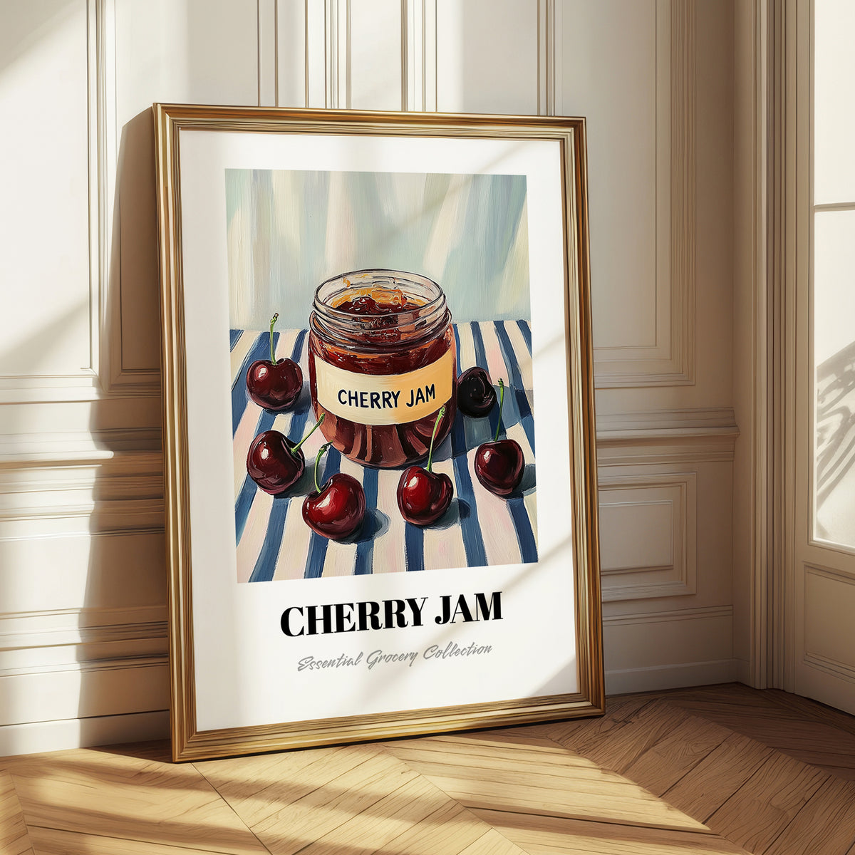 Cherry Jam – on Striped Tablecloth, Jam Art