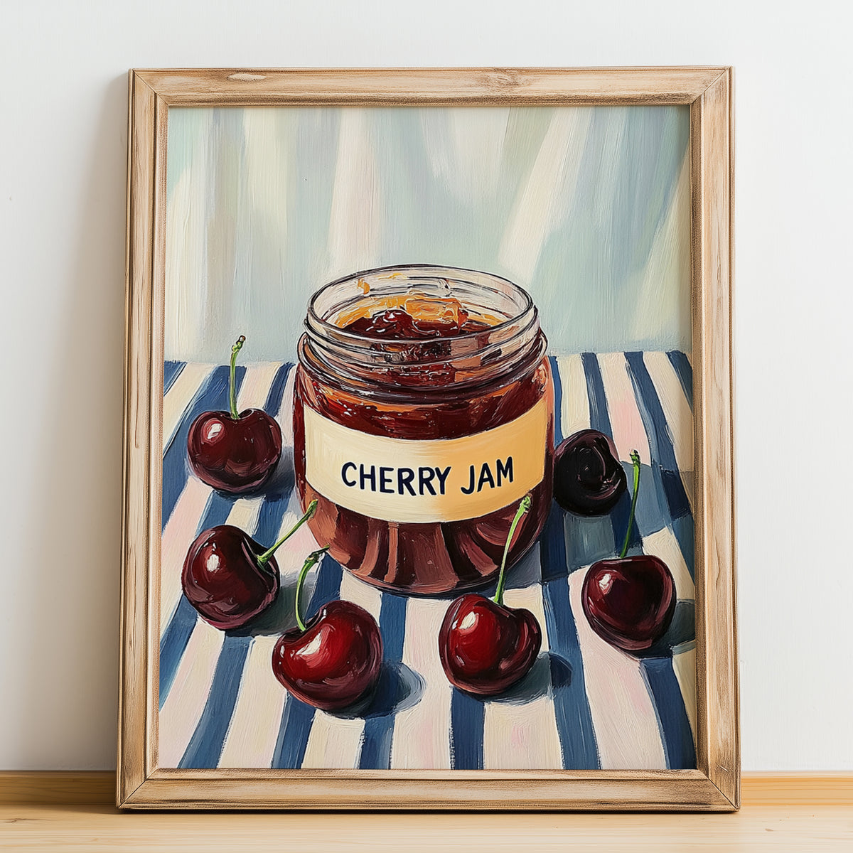 Cherry Jam – on Striped Tablecloth, Jam Art, no-text version framed in wood