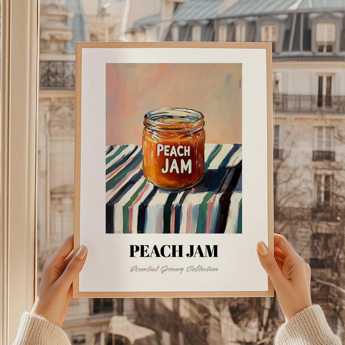 Peach Jam – on Striped Tablecloth, Jam Wall Decor, styled in a charming Paris street view