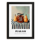 Pear Jam – on Striped Tablecloth, Jam Poster, in sleek black frame