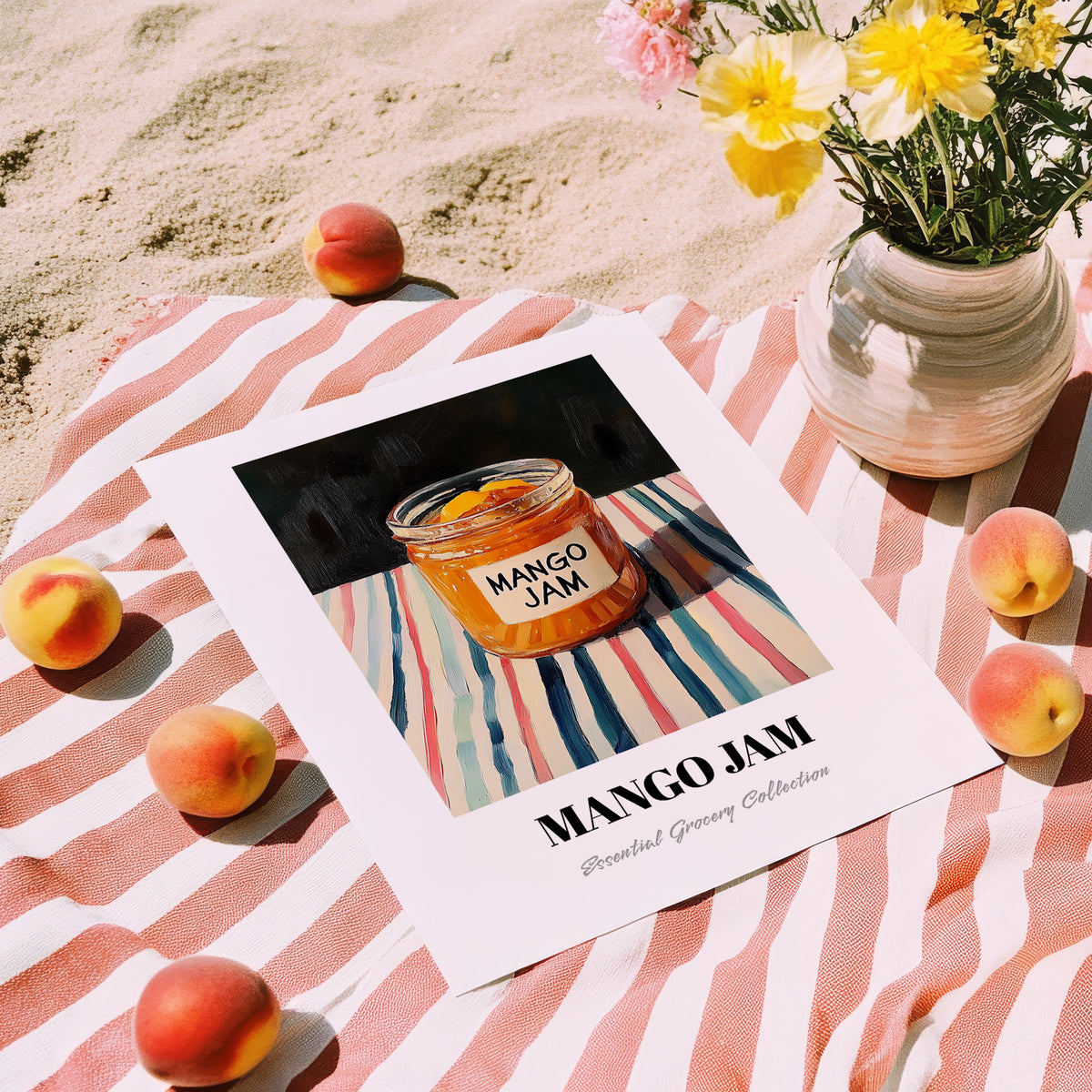 Mango Jam – on Striped Tablecloth, Jam Poster, unframed on coastal sand
