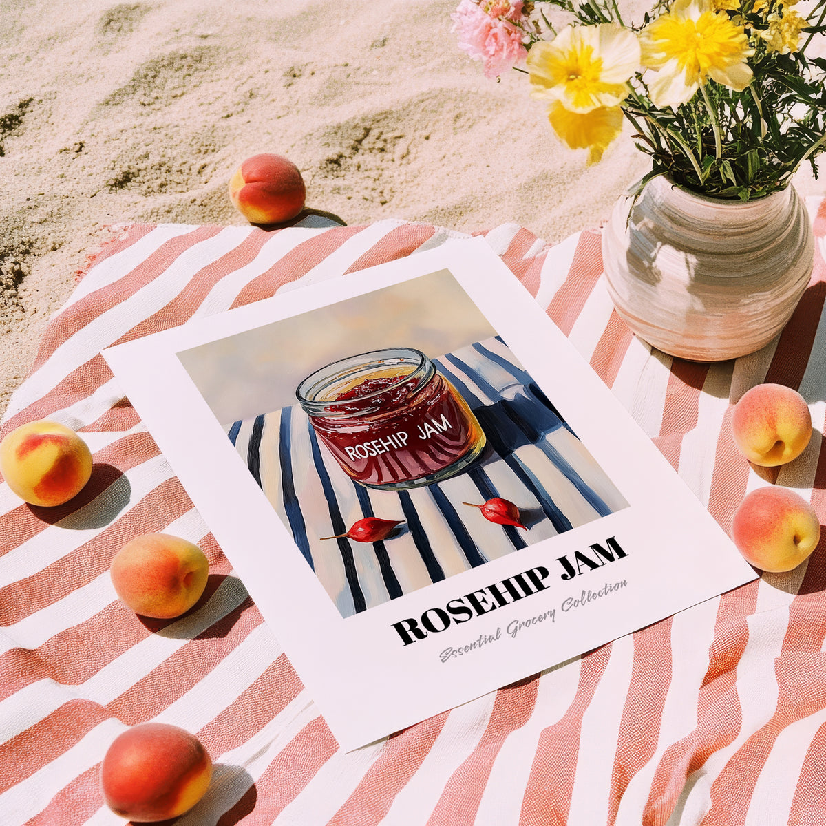 Rosehip Jam – on Striped Tablecloth, Jam Art, unframed on coastal sand