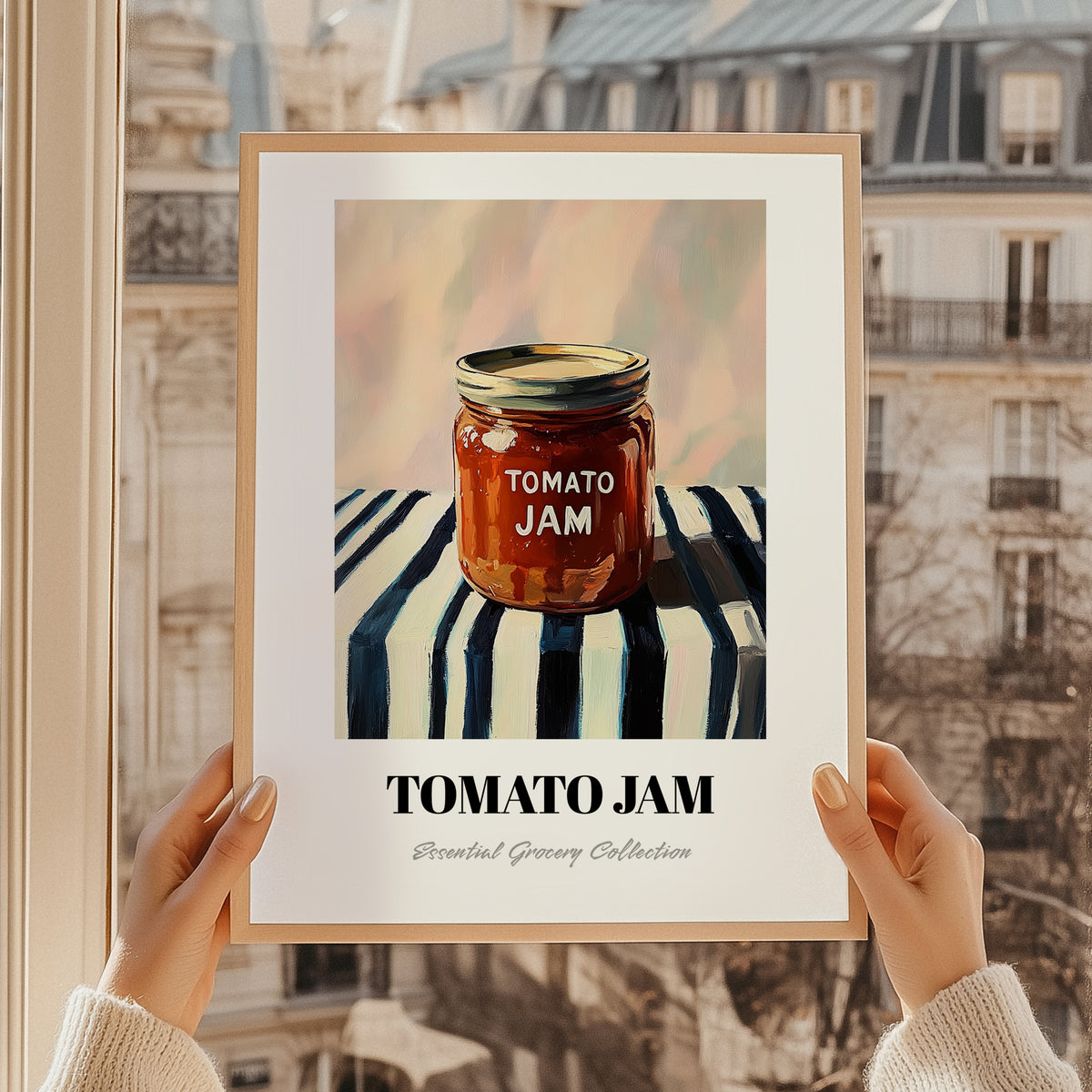 Tomato Jam – on Striped Tablecloth, Jam Painting, styled in a charming Paris street view