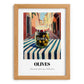Olives – Italian Outdoor Café Scene, Canned Vegetables Print, set in oak frame