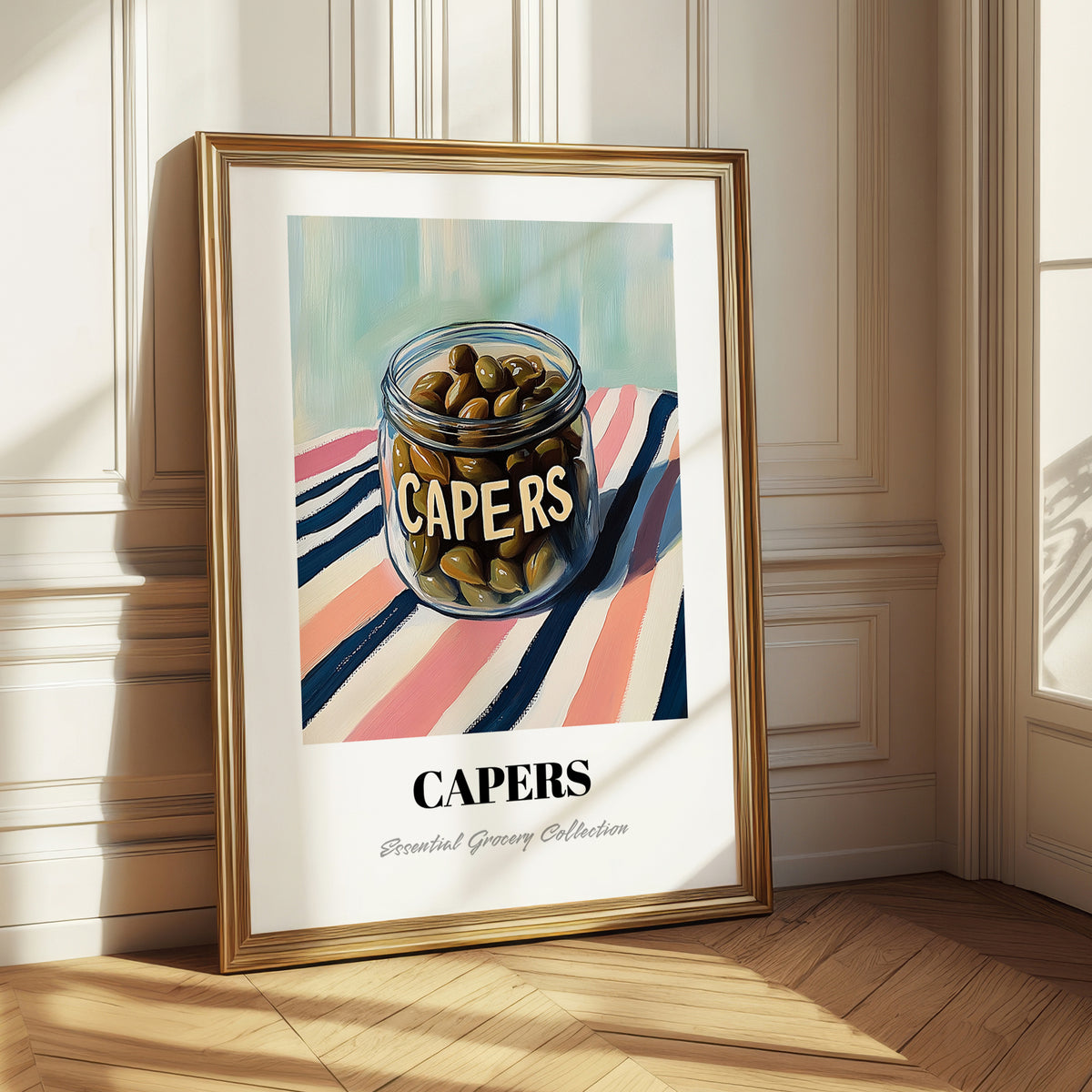Capers – on Striped Tablecloth, Canned Vegetables Painting