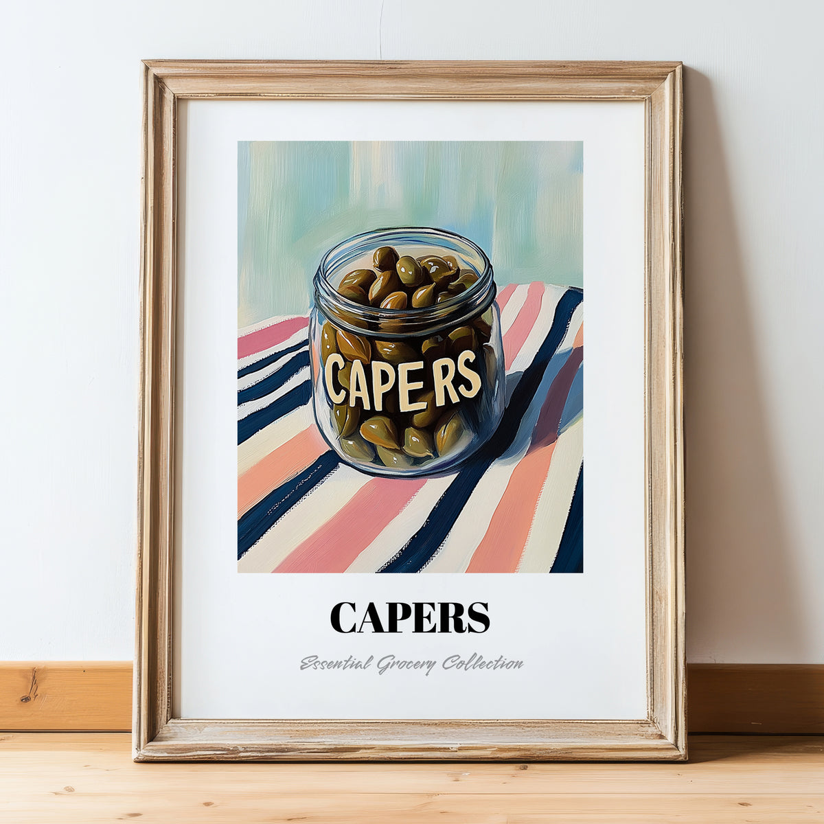 Capers – on Striped Tablecloth, Canned Vegetables Painting, in wooden frame leaning on the floor