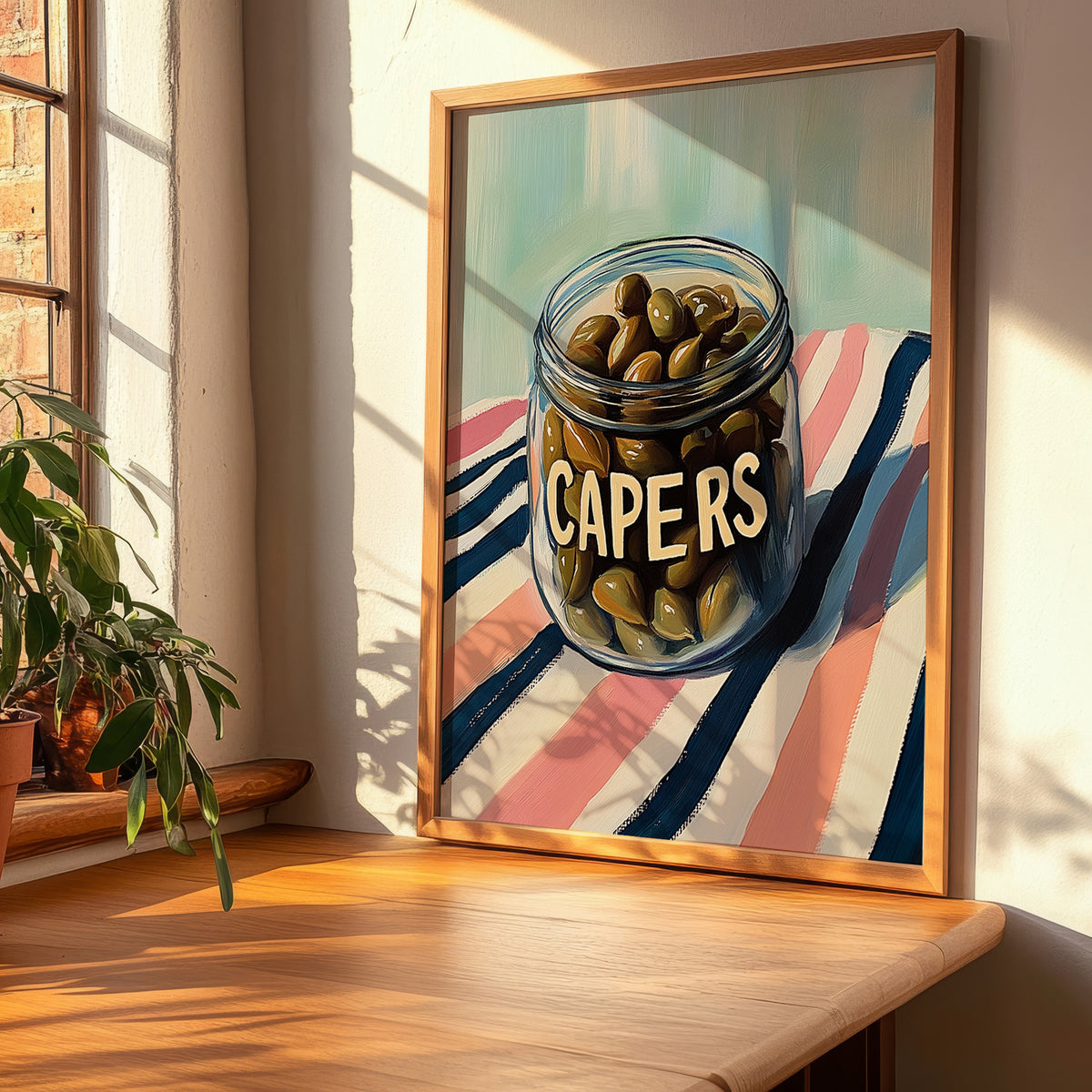 Capers – on Striped Tablecloth, Canned Vegetables Painting, clean layout with no caption