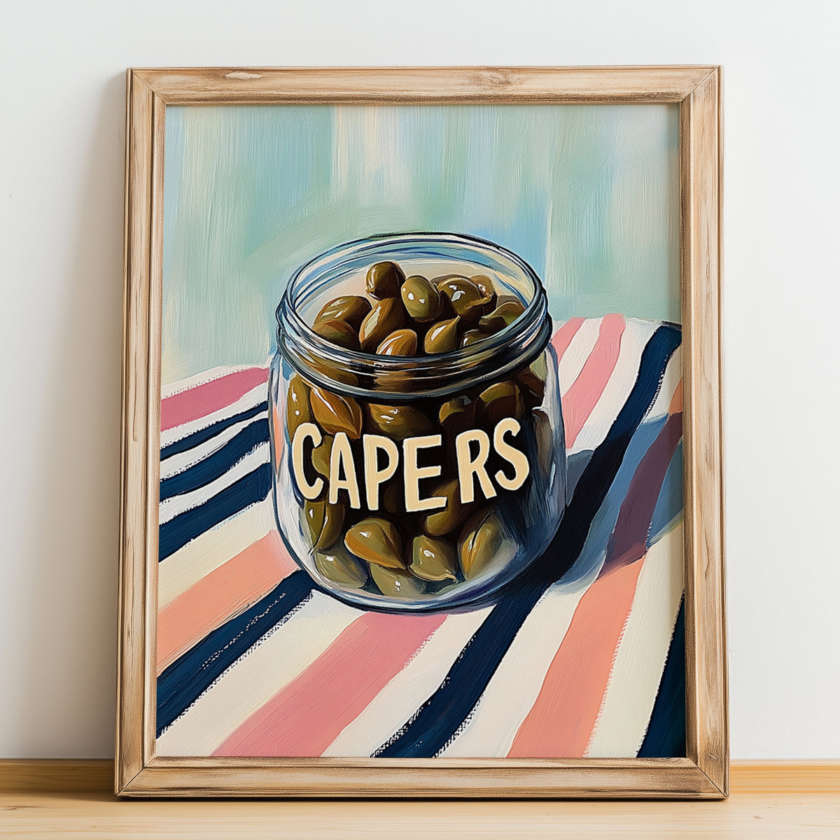 Capers – on Striped Tablecloth, Canned Vegetables Painting, no-text version framed in wood