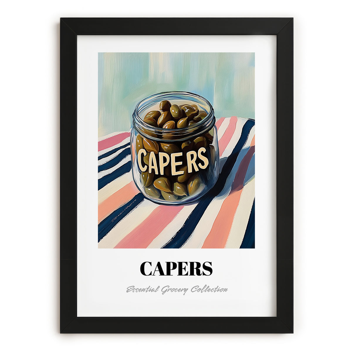 Capers – on Striped Tablecloth, Canned Vegetables Painting, in sleek black frame
