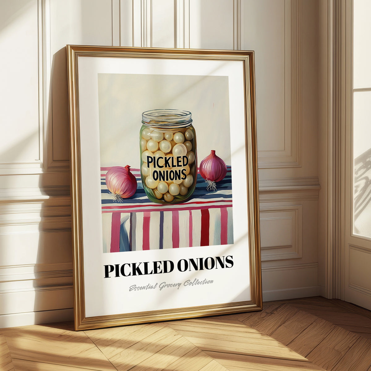 Pickled Onions – on Striped Tablecloth, Canned Vegetables Still Life