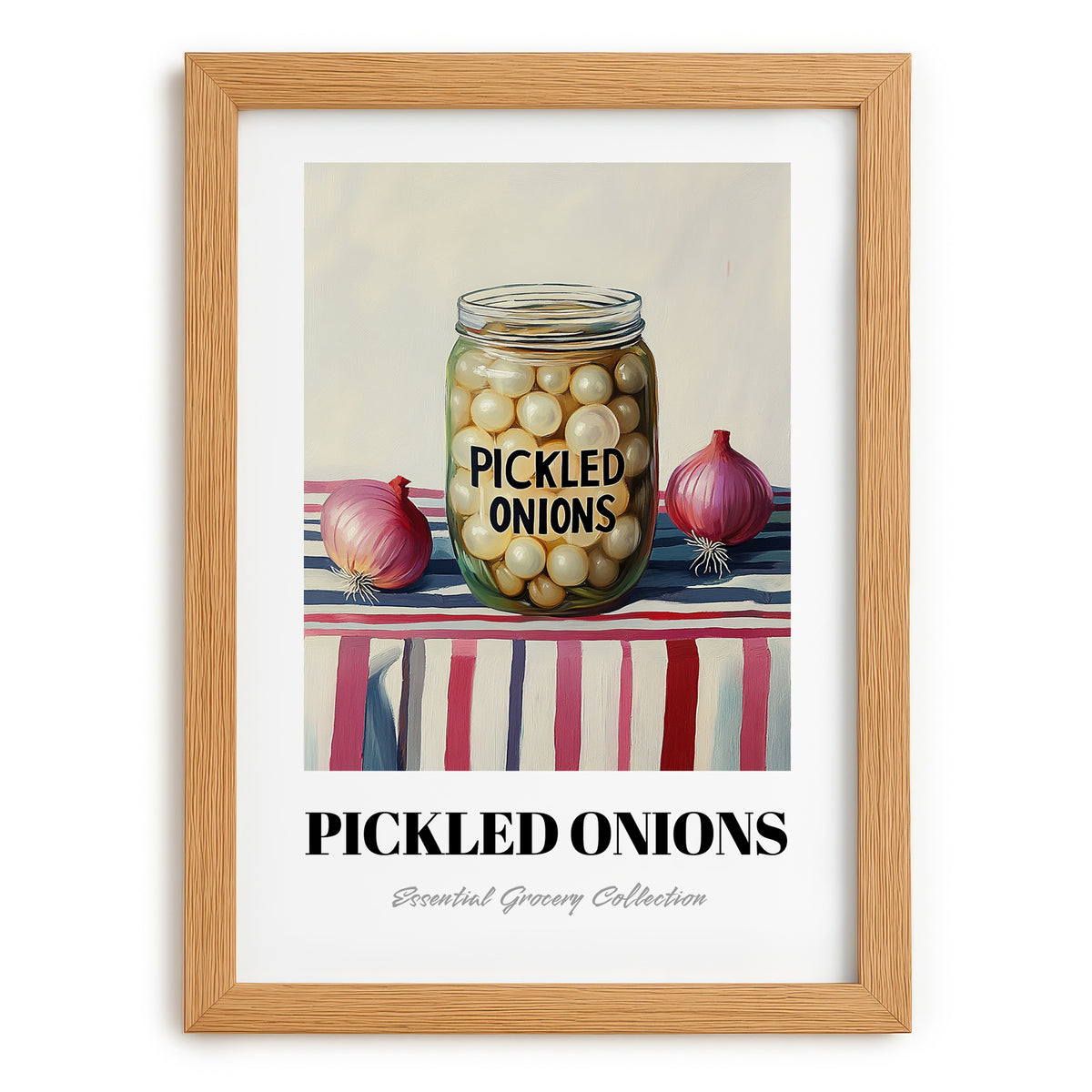 Pickled Onions – on Striped Tablecloth, Canned Vegetables Still Life, set in oak frame
