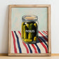 Pickles – on Striped Tablecloth, Canned Vegetables Illustration, no-text version framed in wood