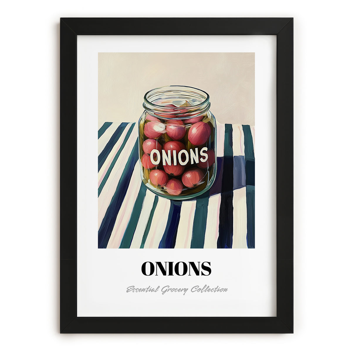 Onions – on Striped Tablecloth, Canned Vegetables Poster, in sleek black frame