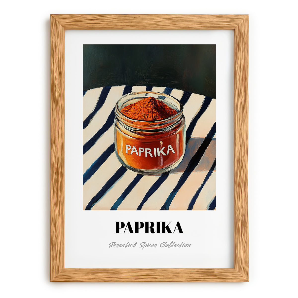 Paprika – on Striped Tablecloth, Spices Wall Decor, set in oak frame